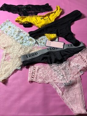 Women’s Panties Mixed Lace & Logo Thong Bundle - Black, Yellow, Pink, Cream